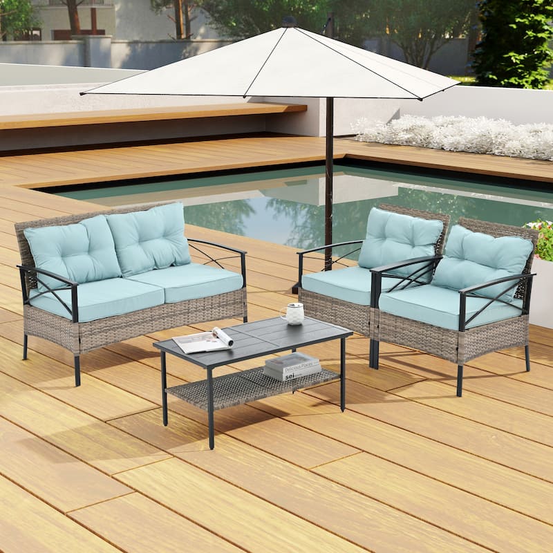 4 PC Outdoor Patio Seasonal PE Wicker Furniture Set w/ Black Metal Table Conversation Set for Lawn, Garden, Backyard - Blue