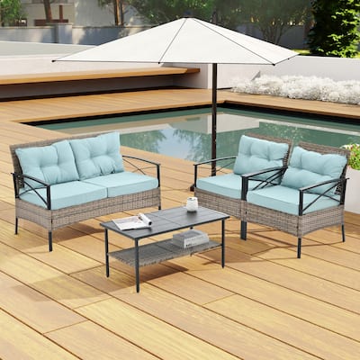 4 PC Outdoor Patio Seasonal PE Wicker Furniture Set w/ Black Metal Table Conversation Set for Lawn, Garden, Backyard