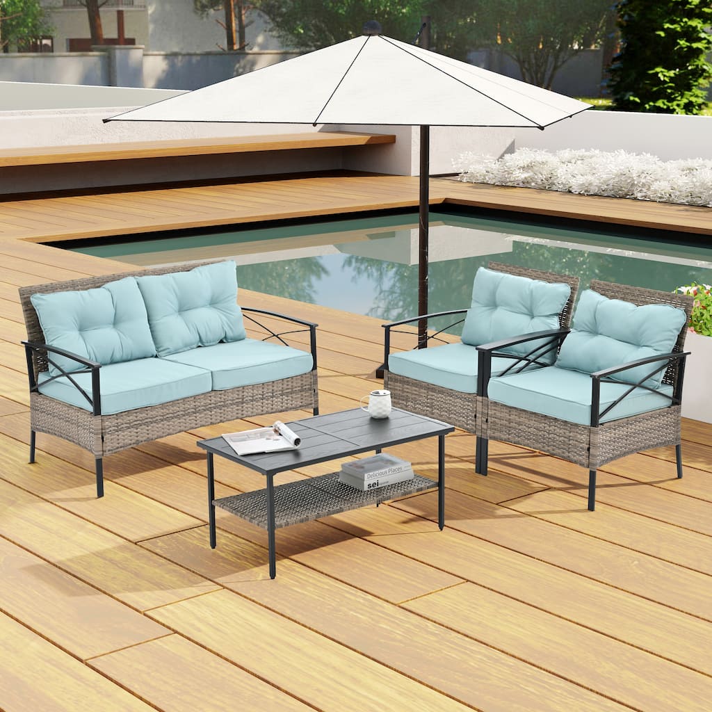 GDFStudio - Palermo 4-Piece Outdoor PE Wicker Patio Set with Cushions and Black Metal Coffee Table, Seats 4