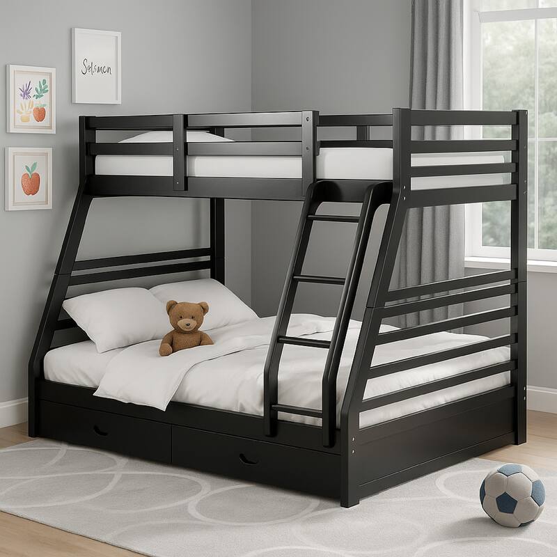Zegy Twin over Full Bunk Bed with 2 Drawers and Attached Ladder, Black