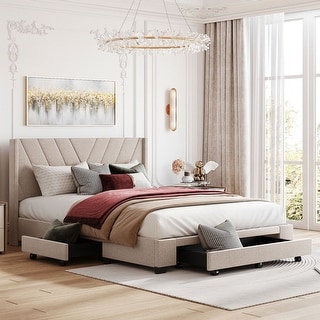 Queen Size Storage Bed Linen Upholstered Platform Bed with 3 Drawers ...