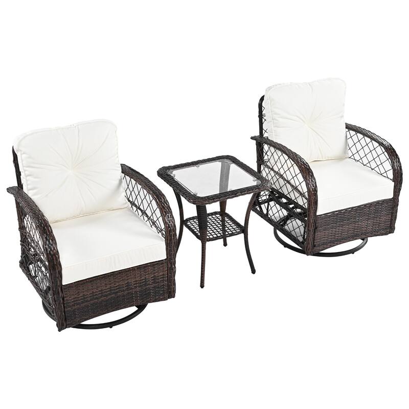 Outdoor Rattan Table Chairs Set with 2 Swivel Chair and Storage Shelf Coffee Table, Patio Conversation Chair Set, 3-Piece