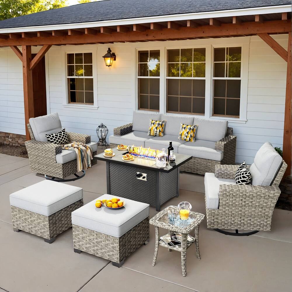 OVIOS 9 Pieces T shaped Seat Wide Armrest Swivel Chair Set With Fire Pit