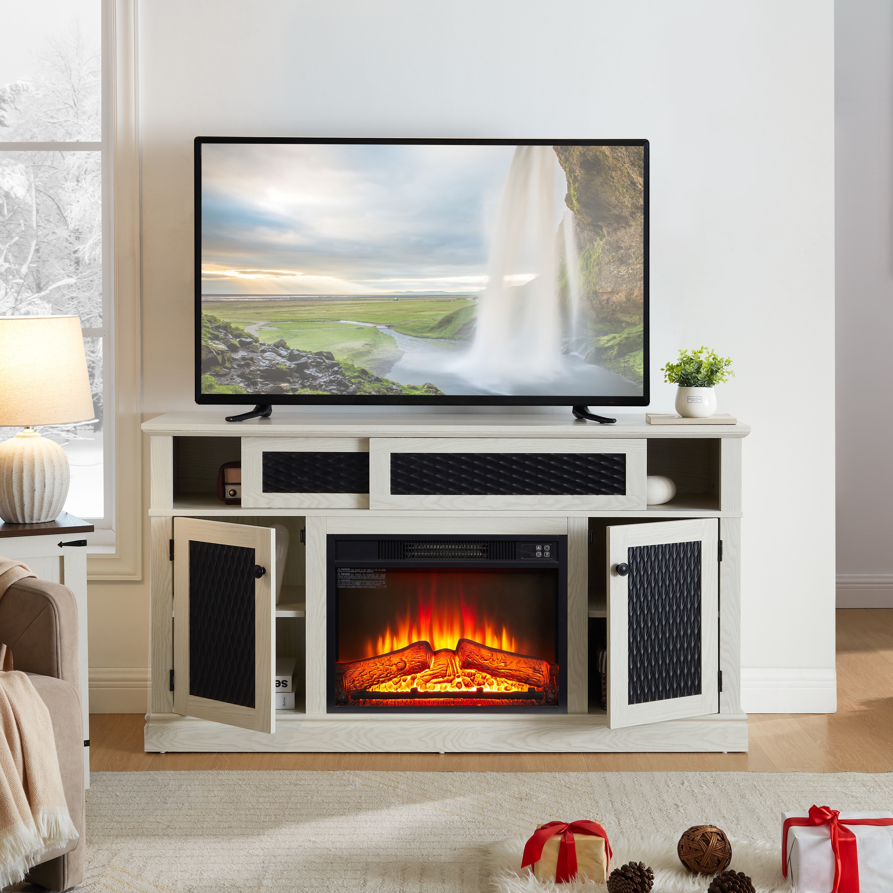Embossed Pattern TV Stand for TVs Up to 65", Fireplace TV Stand with Storage Cabinet