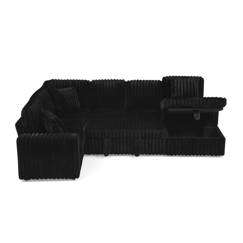 Corduroy Upholstered Reclining Sofa U-shaped Sleeper Sectional Couch with Pull Out Bed, Storage Chaise and Adjustable Backrests