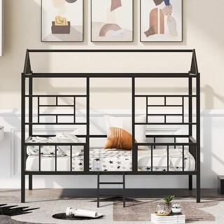 Twin Size Metal House Bed Frame with Slatted Support, Black