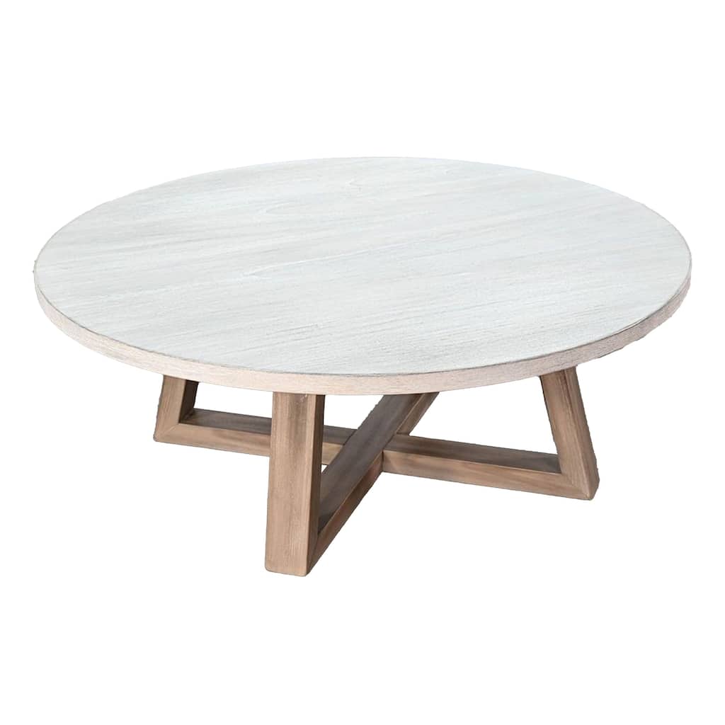 Dilly Coffee Table, 48 Inch Round Light Gray Top, Wheat Brown Solid Wood