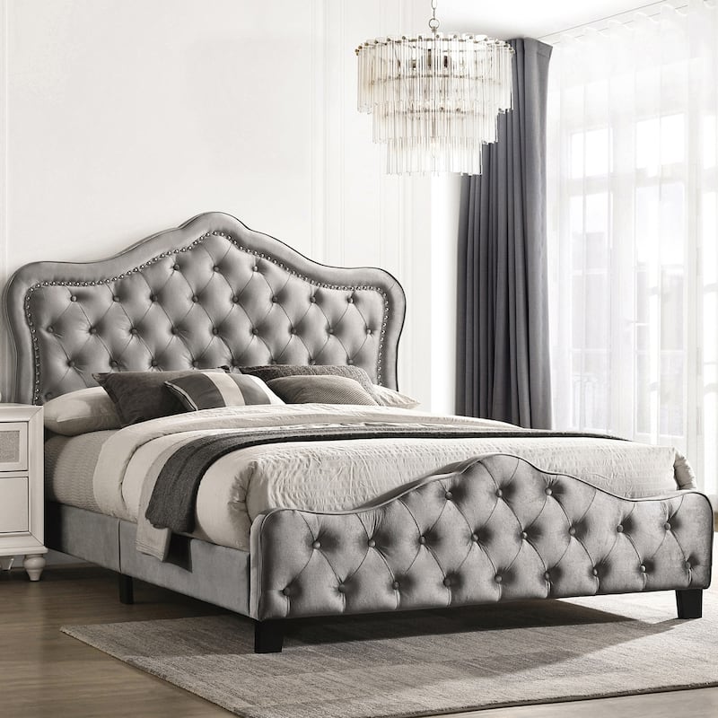 Upholstered Tufted Bed with Nailheads in Grey