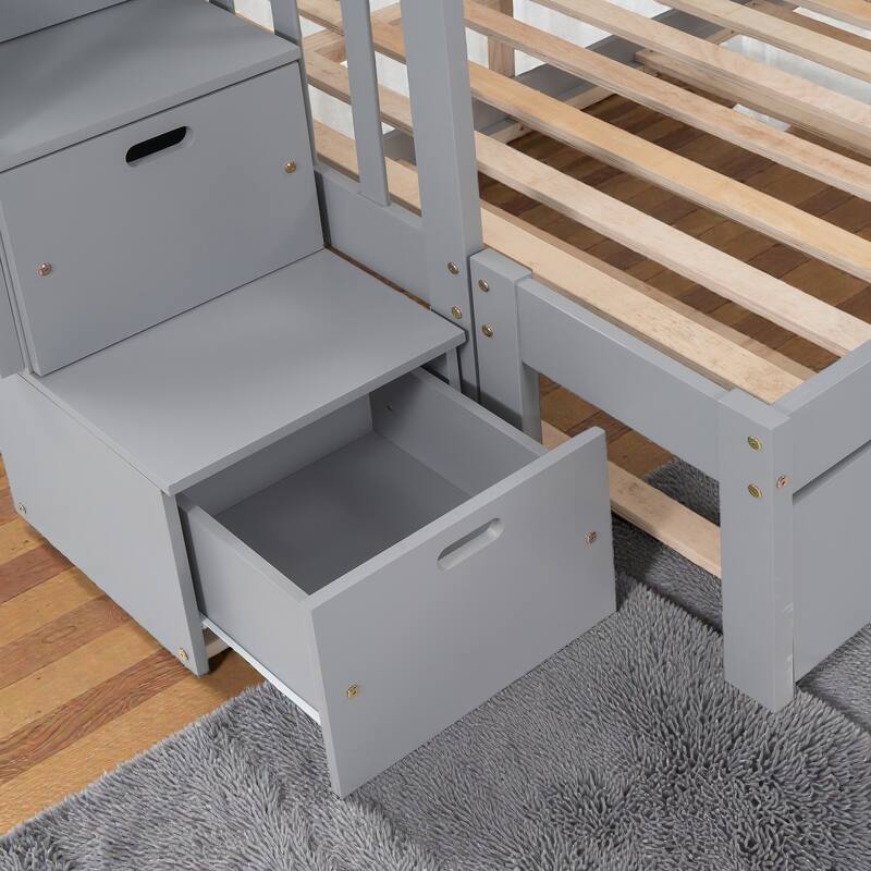 Twin over Full Bunk Bed with Twin Trundle and Storage Staircase, Solid Wood Space-Saving Bunk Frame