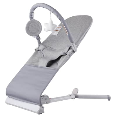 Light Grey Adjustable Baby Bouncer Seat with Toy Bar and 2 Recline Angles Foldable Rocker with Harness