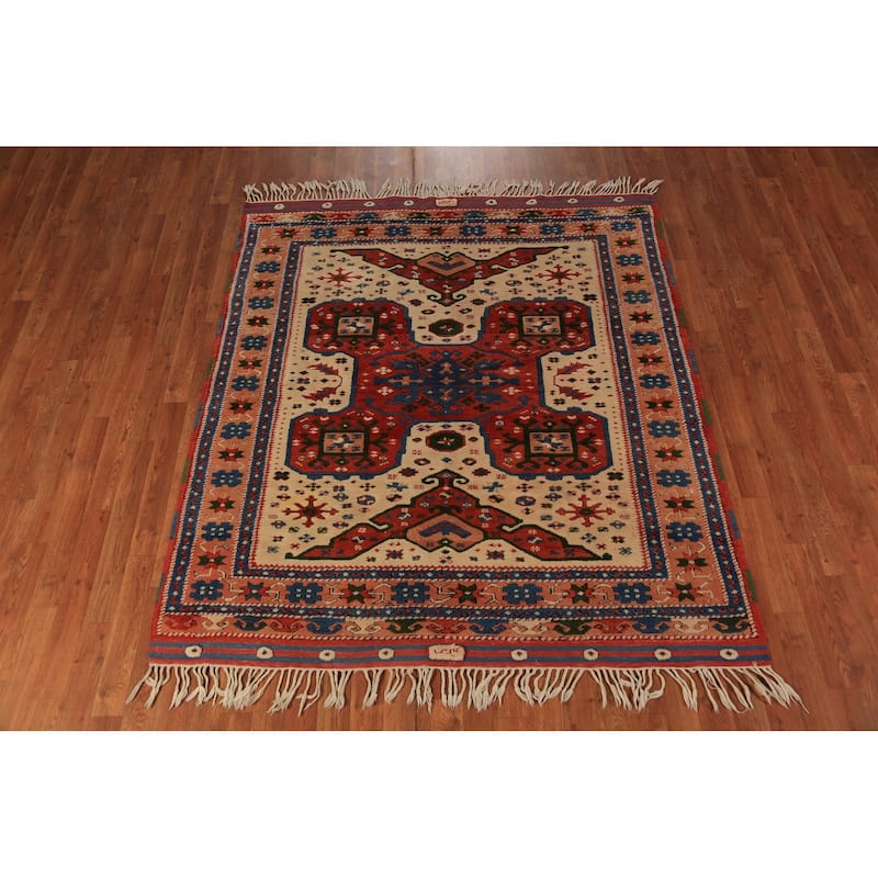 Geometric Anatolian Turkish Rug Handmade Wool Carpet - 5'4" x 6'2"
