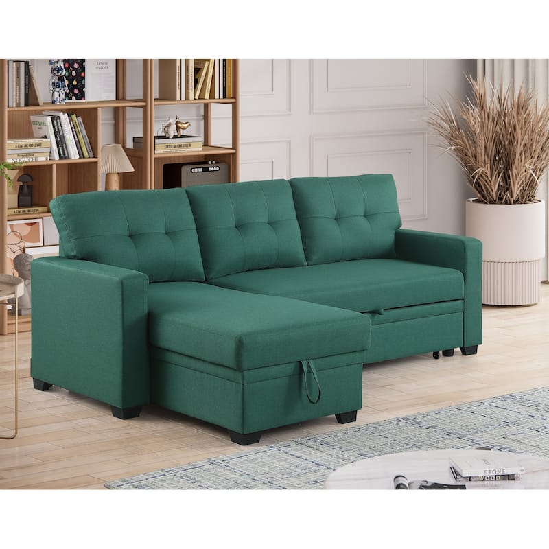 Pull-out Upholstered Sectional Sofa with Storage Chaise & Removable Cushions