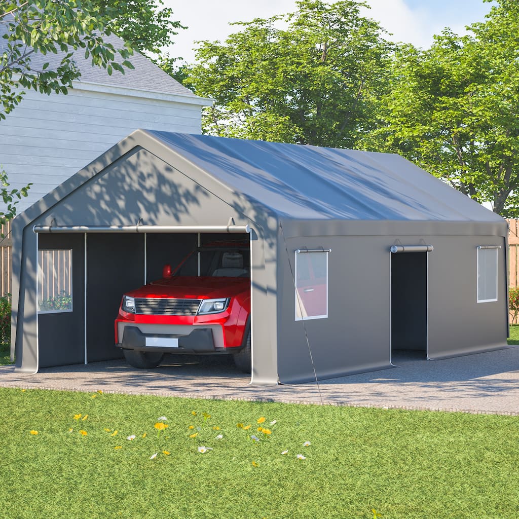 13 x 26 FT Heavy Duty Carport Canopy with 2 Roll-Up Doors 1 Side Door, End Walls & Windows, Portable Garage Shelter for Car