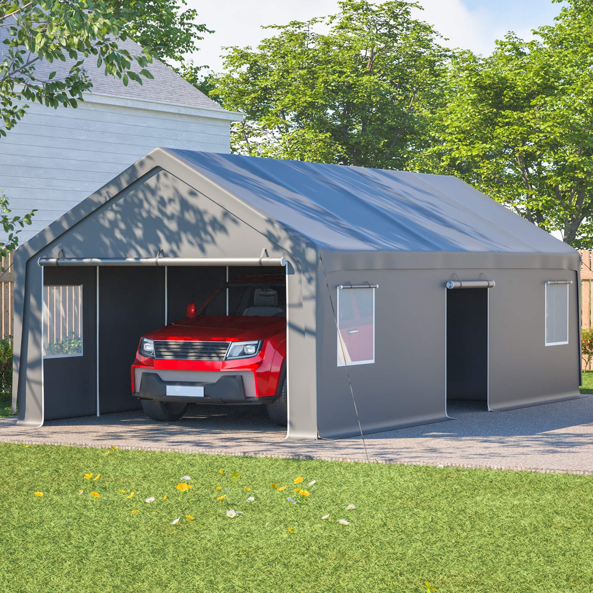 13x26 FT Heavy Duty Carport Canopy with 2 Roll-Up Doors & 1 Side Door, Removable End Walls & Windows