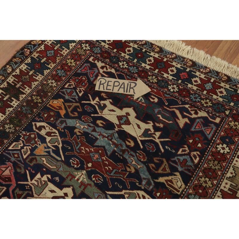 Hand Knotted Oriental 100% Wool Carpet Traditional Geometric Navy Blue & Blues Kazak Area Rug - 5' 2'' X 3' 10''