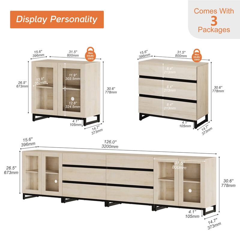 4 in 1 Multifunctional Dresser with Glass Doors & 6 Drawers, Adjustable Shelf Metal Base Storage Solution for Bedroom Closet