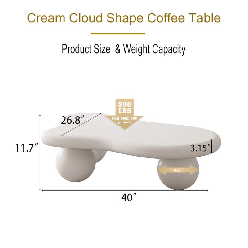 40 Inch Cloud Shaped Coffee Table with 3 Ball Legs for Living Room