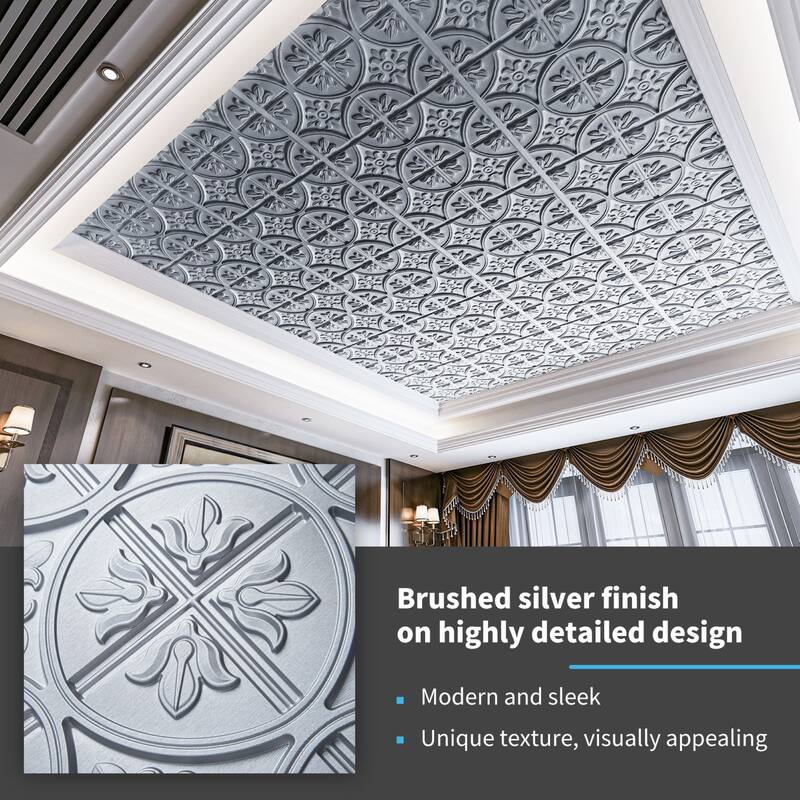 Art3d 2x2 ft. PVC Ceiling Tile, Fancy Classic Style in Argent Sliver,12 pcs