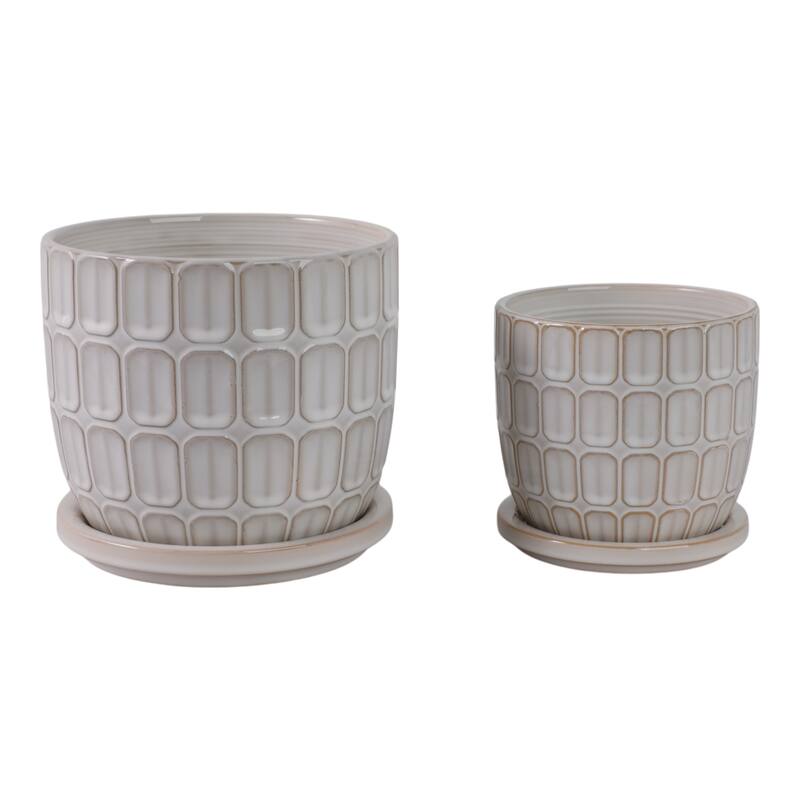 Stoneware Saucer Planters with Embossed Geometric Texture (Set of 2)