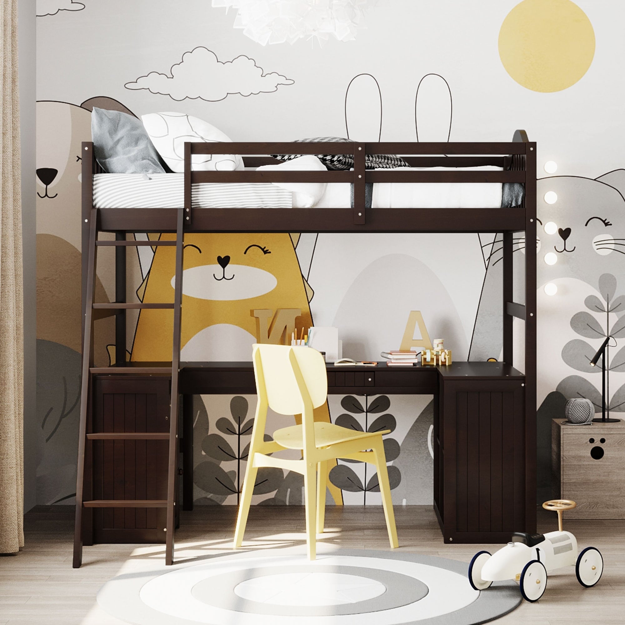 Twin Size Loft Bed with Desk Drawers for Kids Teens Girls Boys Bedroom Solid Wood Loftbed Frame w Shelves Cabinet Espresso