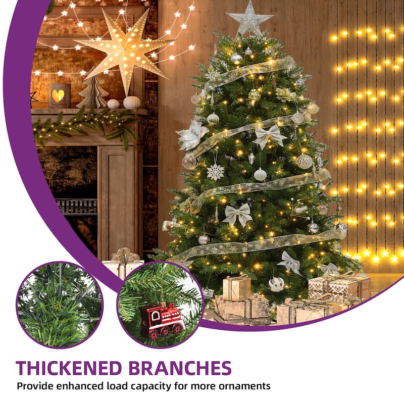 Moasis Artificial Full Christmas Tree, 7.5ft Pre-Lit Christmas Tree with 8 Light-Modes, Includes Stand, Green Bell