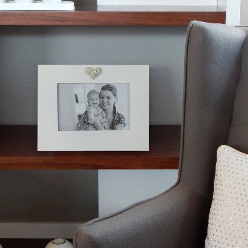 Glass and Wood Picture Frame with Faux Diamond Heart - for a 4" x 6" Photo - White - 4-inchx6-inch