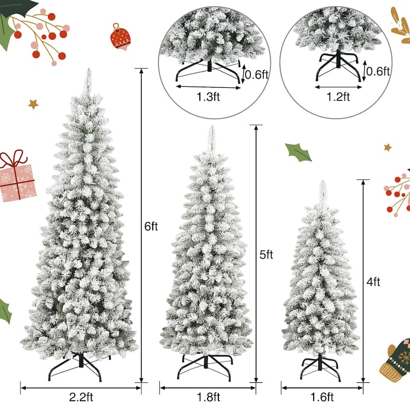 3 Pcs Flocked Artificial Christmas Tree Set, 4ft 5ft 6ft Christmas Snow Tree Set with Light