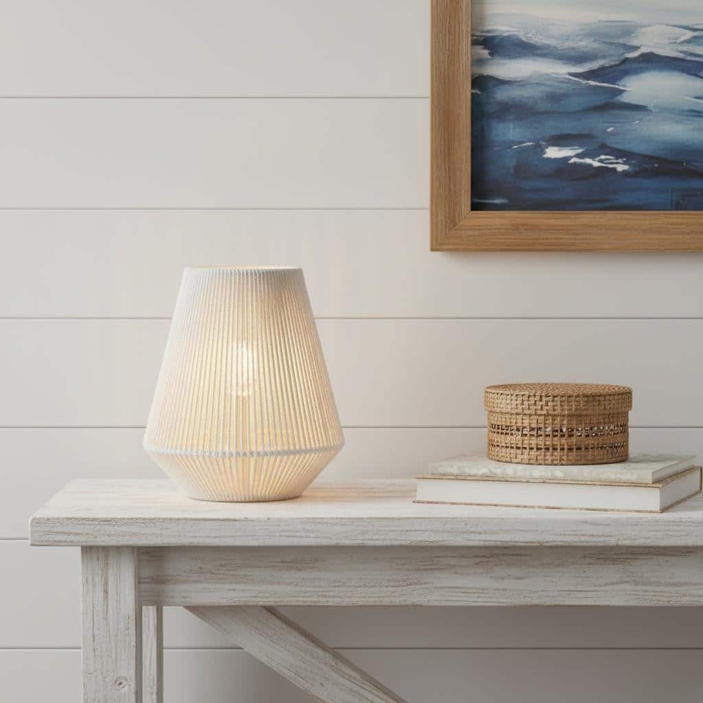 HomeRoots 7" Beige Battery Operated Geometric String Shade Desk Lamp - 7.00 in. x 7.00 in. x 8.00 in.