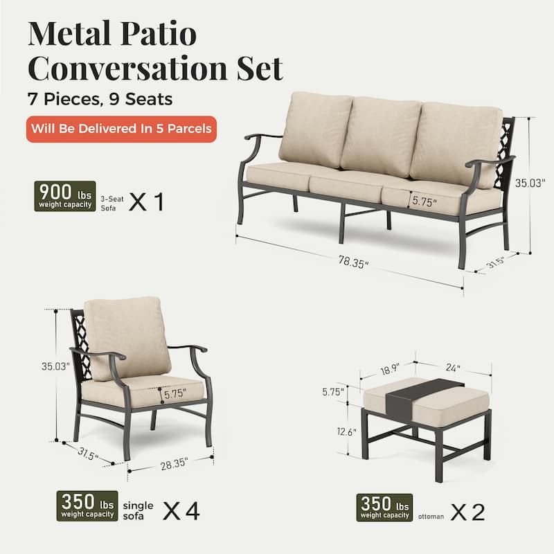 MAISON ARTS Patio Conversation Sets 5/7/9-Seat, Sofa Set with 2 Single Sofa Chairs, 3-Seater Sofa, Ottoman and Coffee Table