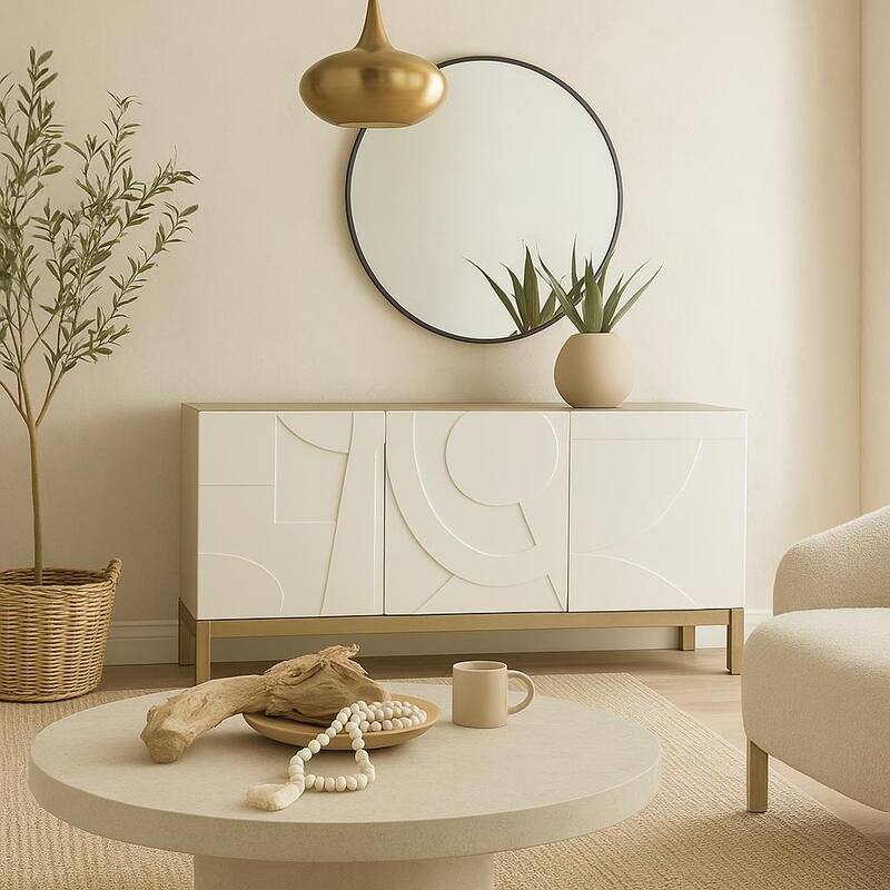 Wooden Geometric 3 Door and 1 Interior Drawer Sideboard - White - Roche River Decor - 19"W x 68"L x 32"H