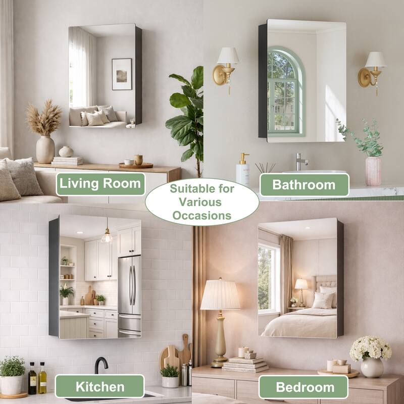 Mira Rectangular Frameless Medicine Cabinet with Mirror, Sliding Adjustable Glass Shelves, Reversible Door