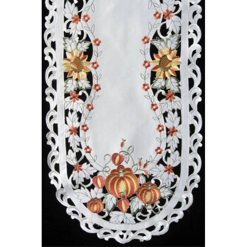 Pumpkin Embroidered Cutwork Rectangular Table Runner, 15 by 70 inch