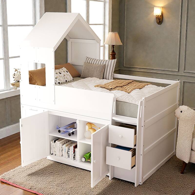 Twin Wooden Loft Bed with Rolling Desk, Storage Drawers and Cabinets, House Style Kids Loft Bed with Stairs