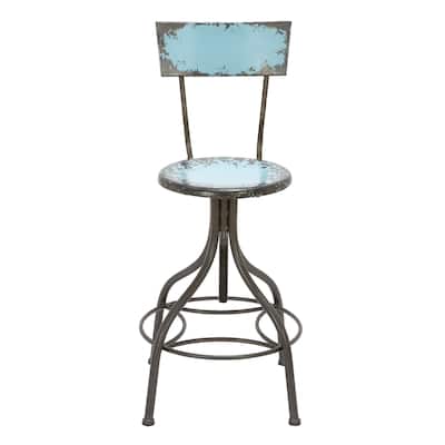 Metal Distressed Bar Stool with Gunmetal Legs and Backrest -Teal, Beige or Red - Roche River Decor