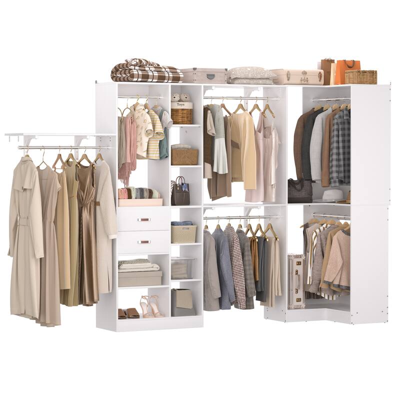 Rackcog 63’‘ - 127.5'' Closet System with Hanging Rods, Set of 2 Corner Closet Organizer with Drawers and Shelves