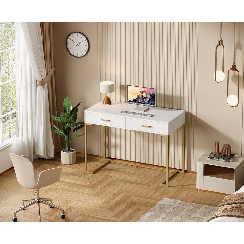 Modern Computer Desk with Drawers, Rectangular Writing Desk, Home Office Study Table Small Space Workstation for Bedroom