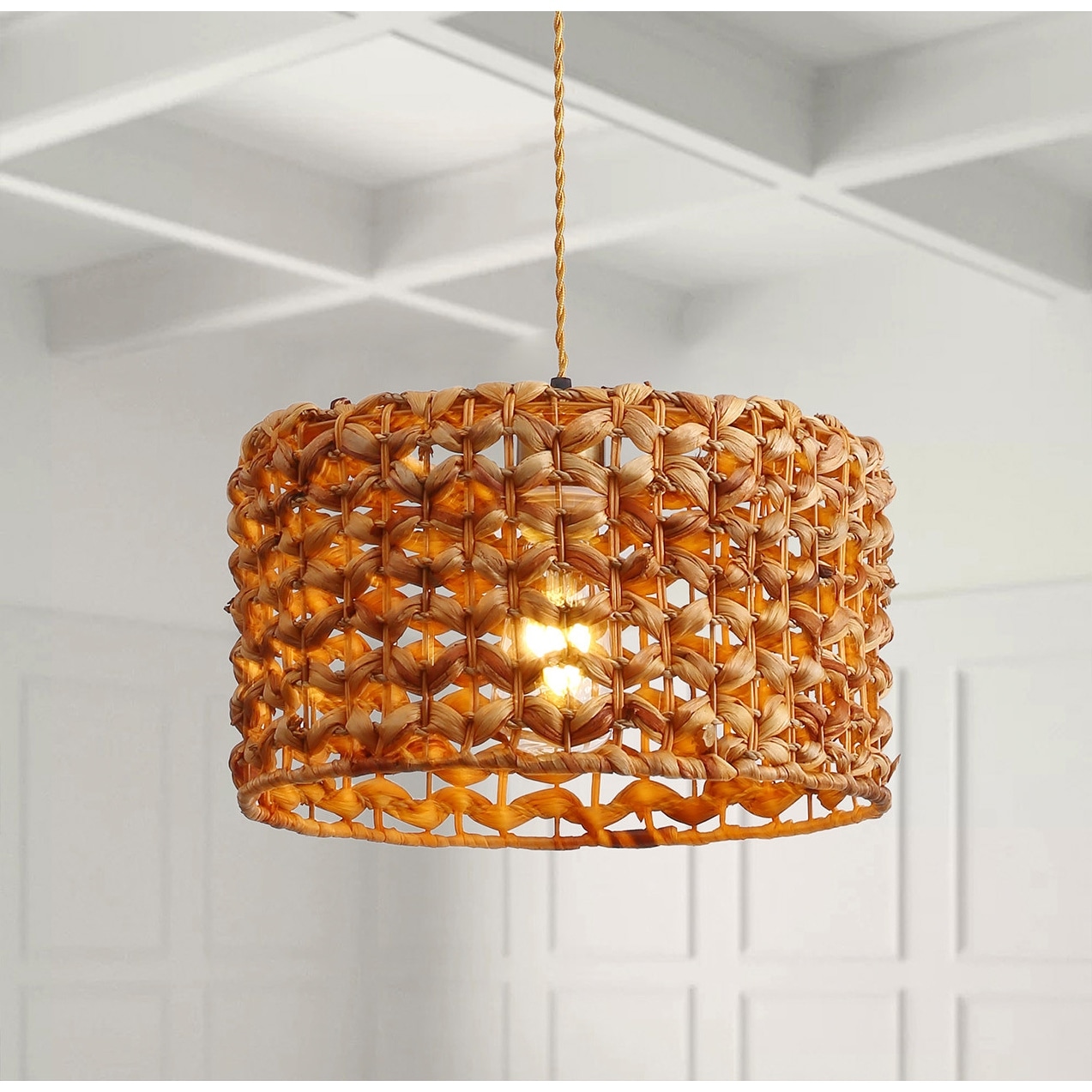Farmhouse Brown 1-Light Lantern Rattan Shade Pendant
