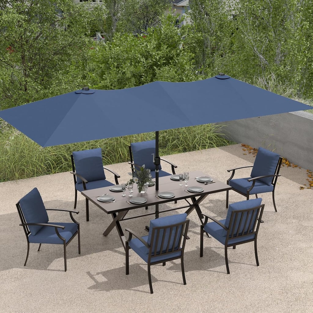 Kullavik 8 Pieces Outdoor Dining Set with 6 Single Chairs, X-Leg Table and Double-Sided Umbrella