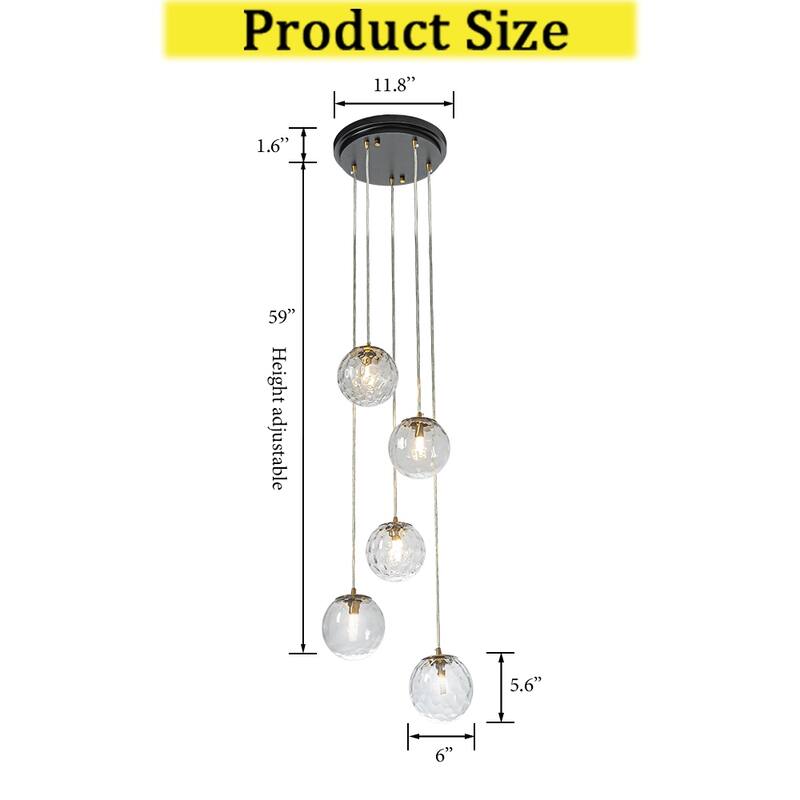 CraftHome 5-Light Modern Clear Ripple Glass Staircase Chandelier Globe Bubble Textured Glass Pendant In Matte Black For Foyer