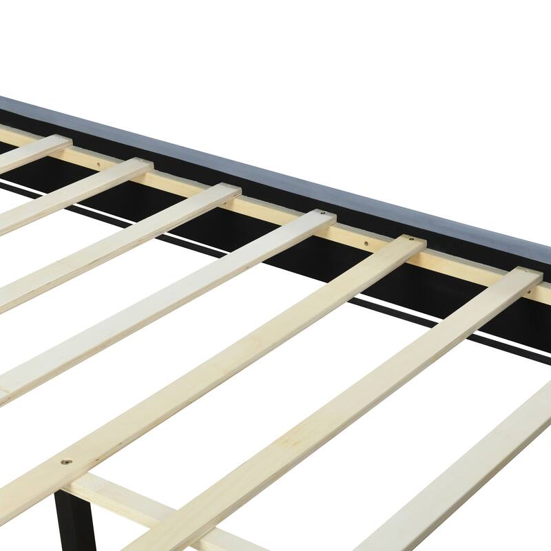 Velvet Upholstered Platform Bed With Pull Point Headboard And Metal Wire Frame