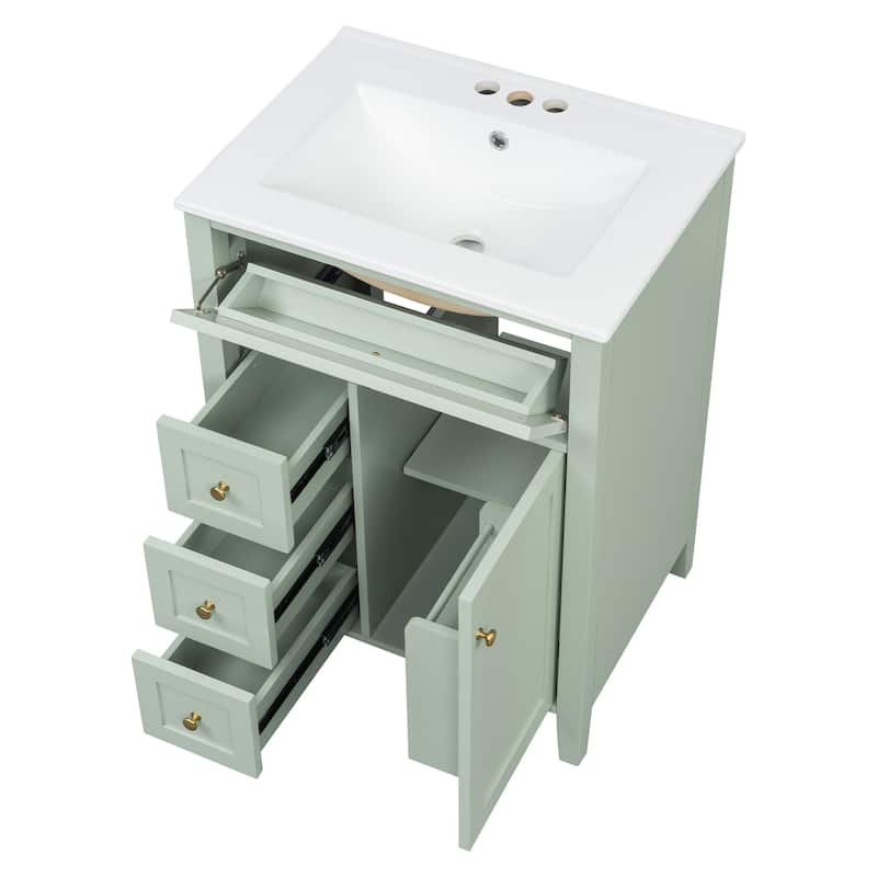 24" Bathroom Vanity with Sink, MDF & Rubberwood Construction, 3 Drawers & Cabinet with Adjustable Shelves