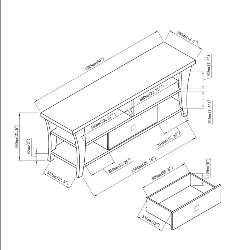 TV Stand Cabinet with curved legs one drawers on metal glides metal square handle modern design divided shelf two cubbies
