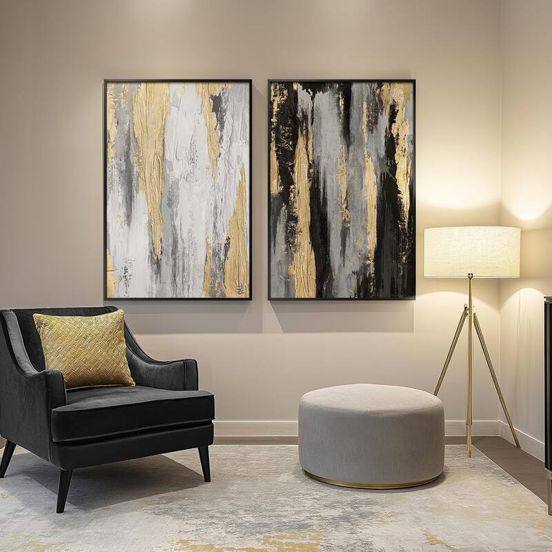 Framed Modern Abstract Wall Art Set, Black White Grey Gold Pictures