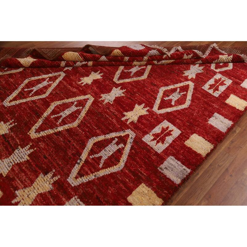 Hand Knotted Oriental 100% Wool Carpet Modern Tribal Red Moroccan Area Rug - 9' 8'' X 6' 10''