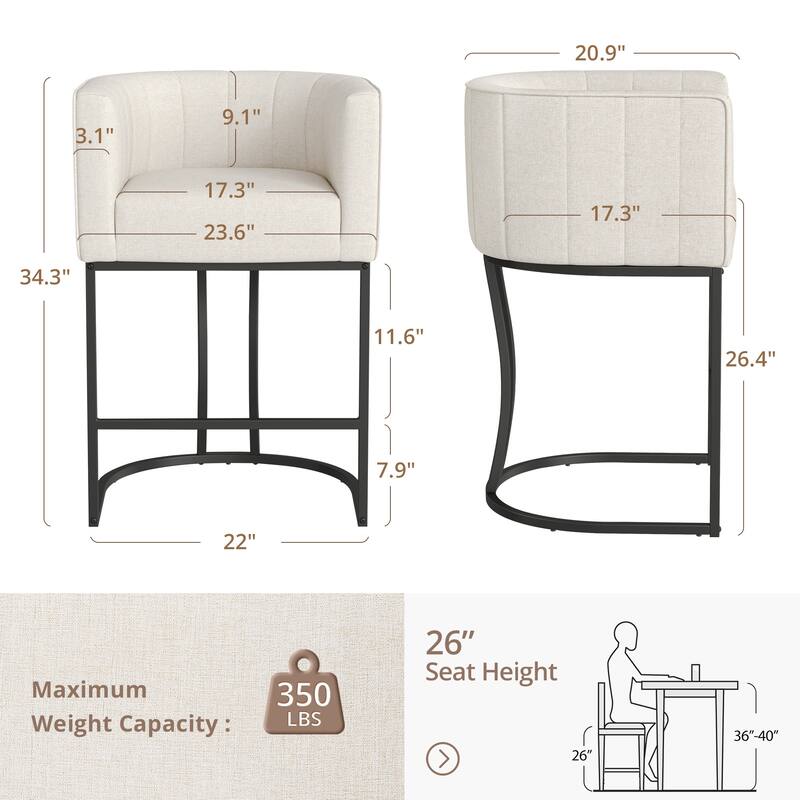 LUE BONA Modern 26.in Low Back Counter Height Barstools Upholstered/PU Leather Barrel Set of 2 Bar Stools with Metal Frame