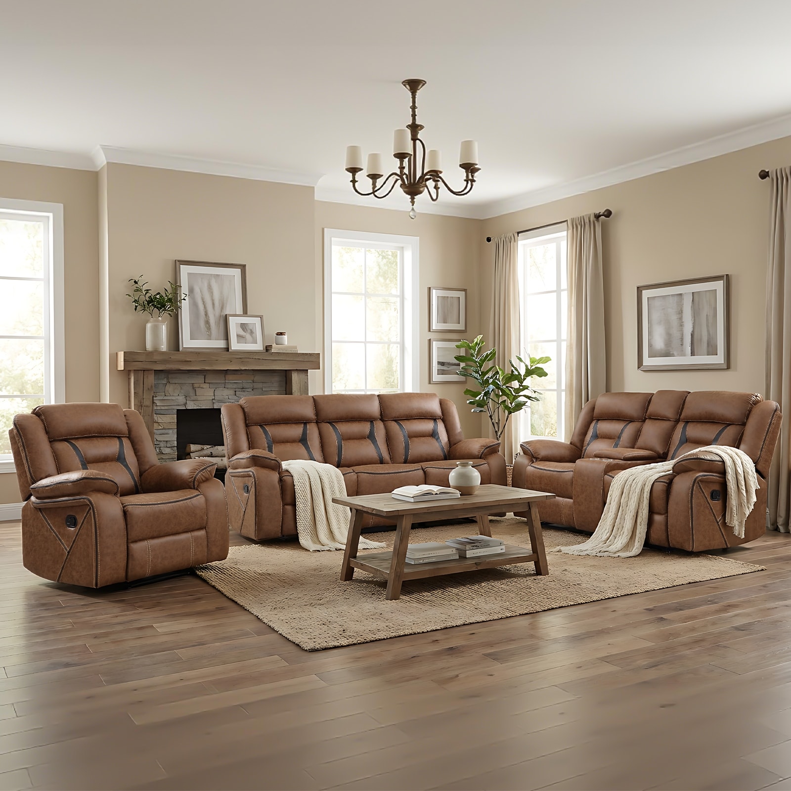 Manual Reclining Faux Leather Sofa Set