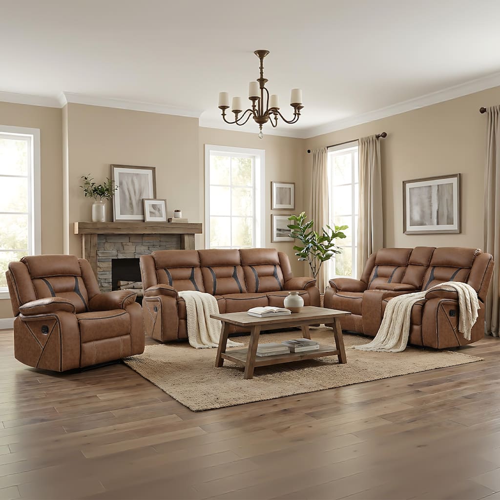 Manual Recliner Sofa Set, Faux Leather Reclining Living Room Furniture Set