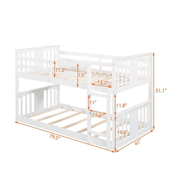 White Twin over Twin Size Solid Wood Bunk Bed with Ladder and Fence for Kids, Bedroom