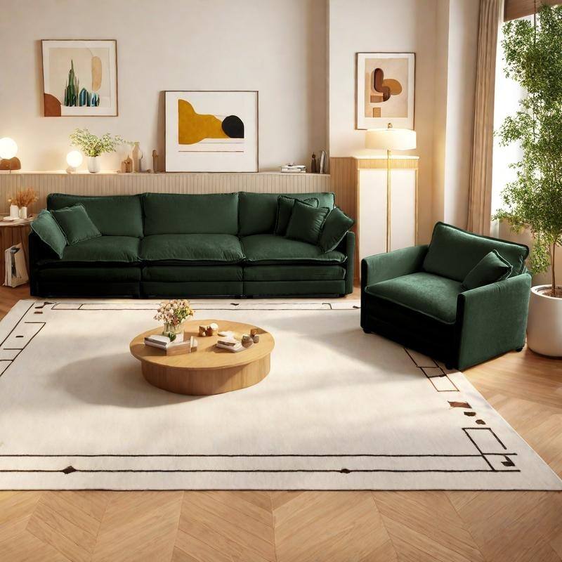 4-Seat Chenille Sectional Sofa Set (3-Seater + Accent Chair) with Deep Seats & Solid Wood Frame - Green