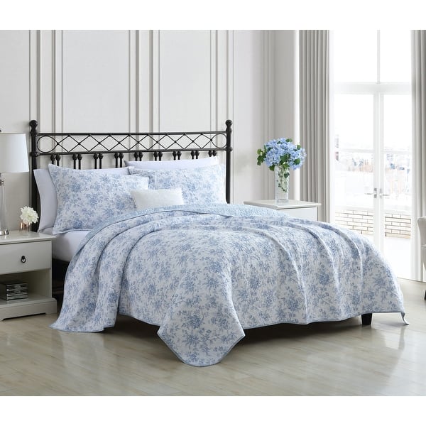 Laura Ashley Walled Garden Cotton Reversible Quilt Set - Blue - Full - Queen